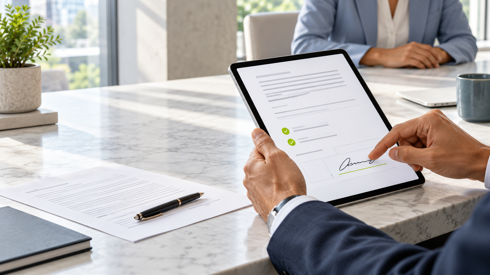 A business agreement being signed on a tablet