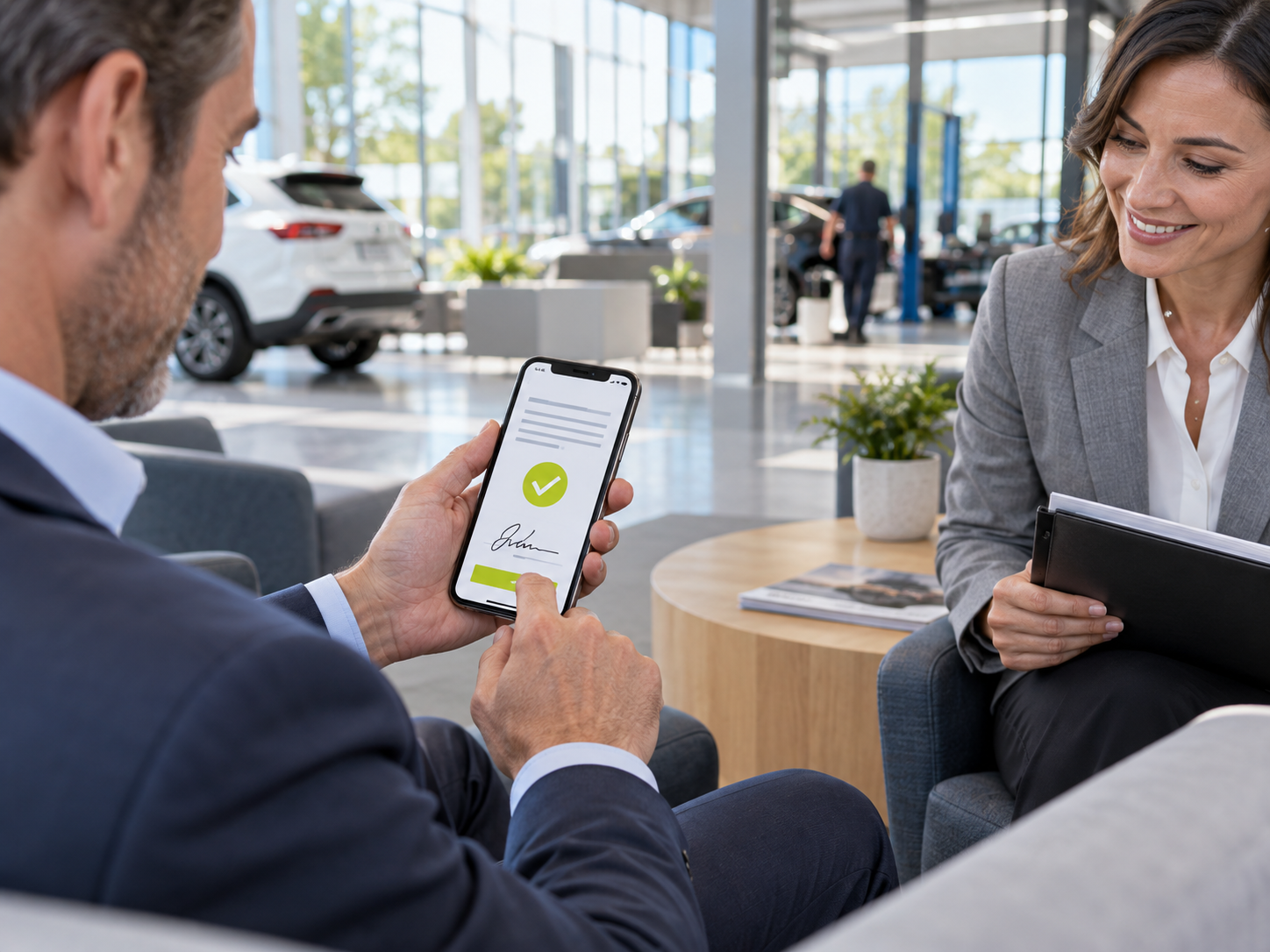 A customer reviewing and signing an agreement on a phone